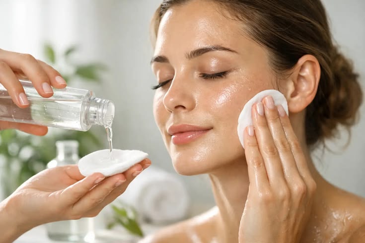 Femme appliquant une lotion tonique hydratante sur une peau terne
