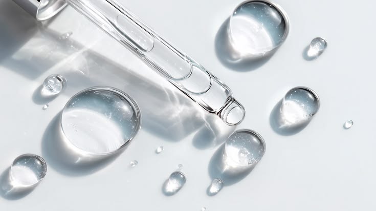 Sérum à l’acide hyaluronique dans un univers de soin luxueux, évoquant l’hydratation et la science cosmétique.
